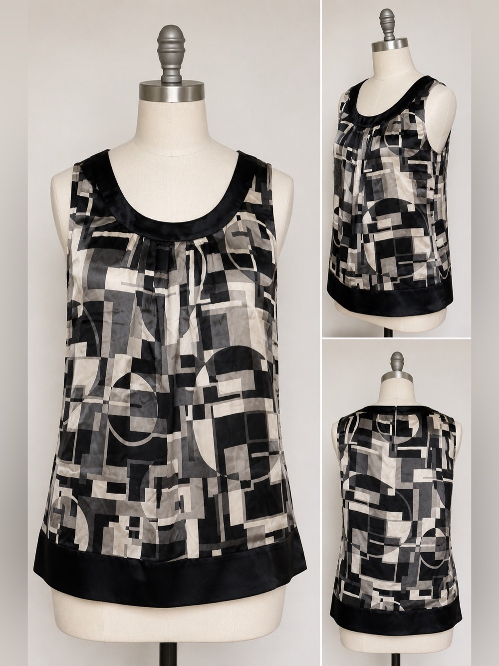 Ann Taylor Silk Top Geometric Print Shell  Black Gray Sleeveless Size 6